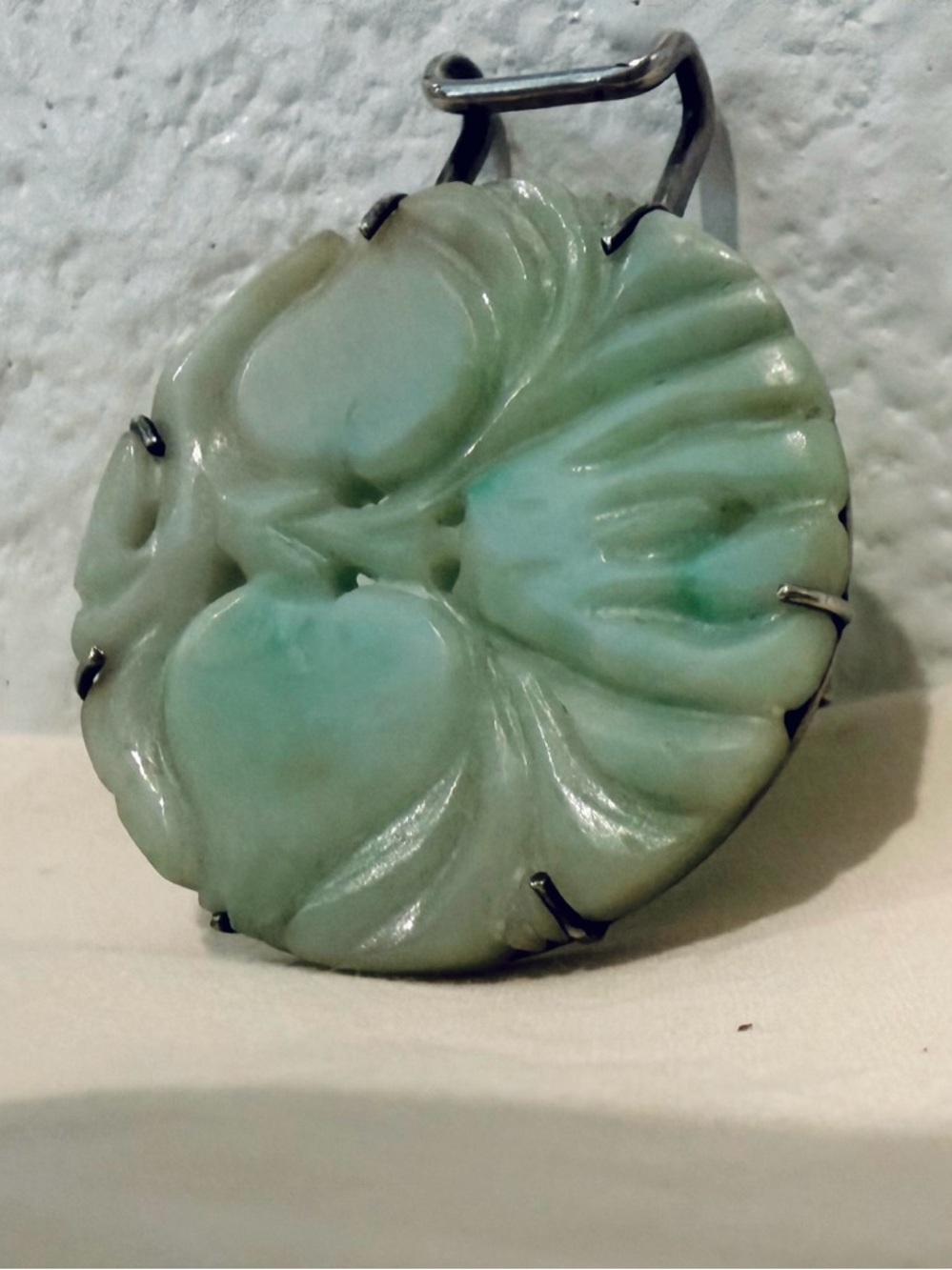 Authentic Carved Green Jade Pendant in Silver Setting
